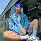 衬衫 Holocene美式 潮牌蓝色格子长袖 外套男小众宽松复古小清新衬衣