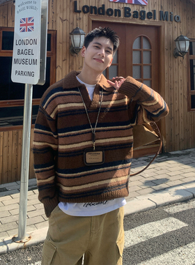 Holocene美式潮牌学院风撞色条纹Polo领毛衣秋冬慵懒感宽松针织衫