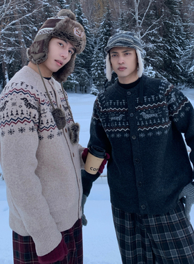 Holocene美式潮牌重磅费尔岛羊毛混纺开衫毛衣男秋冬腊肠狗针织衫