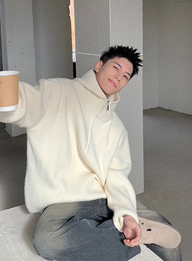 Holocene美式潮牌外穿半拉链冬季连帽套头毛衣情侣宽松外套针织衫