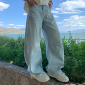 男毛边垂感弯刀阔腿拖地宽松裤 Holocene美式 潮牌冰蓝色破洞牛仔裤