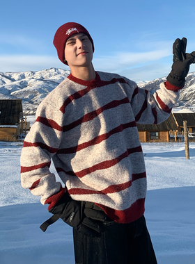 Holocene美式潮牌复古撞色条纹套头毛衣男冬季宽松加厚保暖针织衫