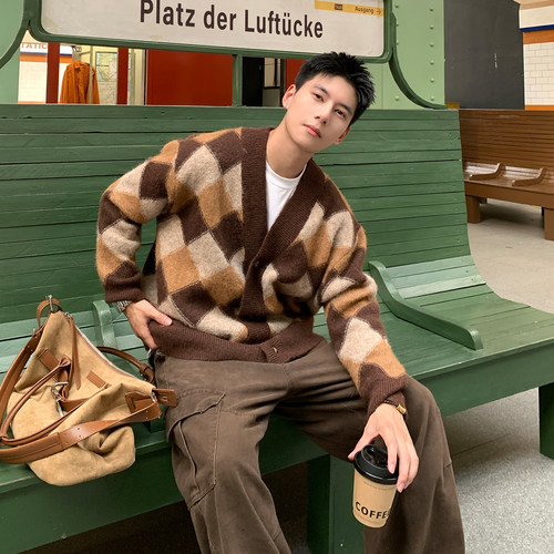 Holocene菱格长袖开衫毛衣男