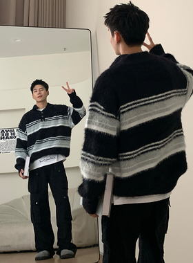 Holocene美式潮牌马海毛POLO领纽扣条纹毛衣情侣秋冬慵懒针织衫男