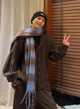 Holocene美式潮牌老钱风重磅条纹开衫连帽毛衣男冬季慵懒感针织衫