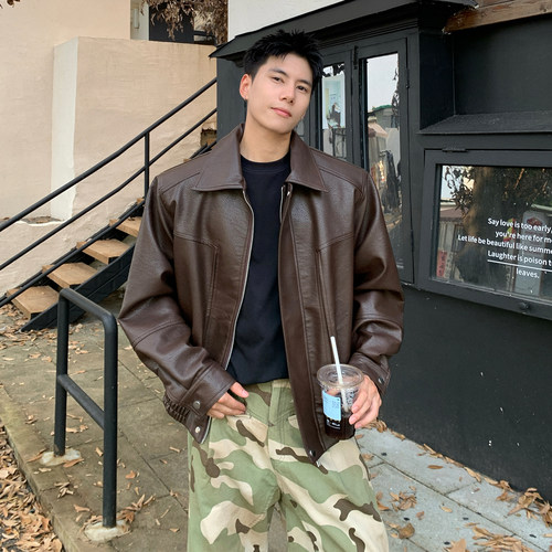 Holocene潮牌棕色短款皮衣外套男