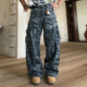 宽松设计感弯刀痞帅牛仔裤 裤 男 潮牌复古迷彩阔腿工装 Holocene美式