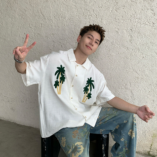 百搭宽松情侣半袖 Holocene美式 夏季 衬衫 高街衬衣 潮牌贴布刺绣短袖