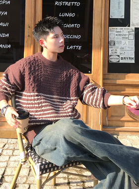 Holocene美式潮牌高级慵懒风条纹圆领套头毛衣男秋保暖休闲针织衫