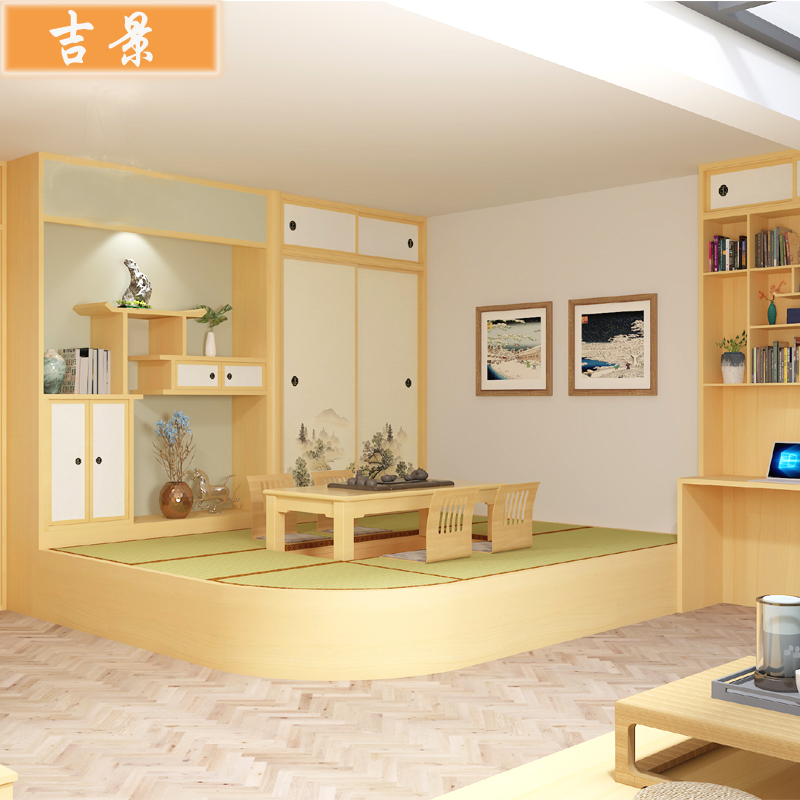 日式榻榻米床衣柜一体阳台客厅实木地台和室书房全屋定制整体设计