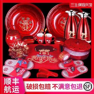 牙杯包裹布盆子休闲陶瓷喜盆嫁妆大红色结婚牙刷杯子毛巾套装全套