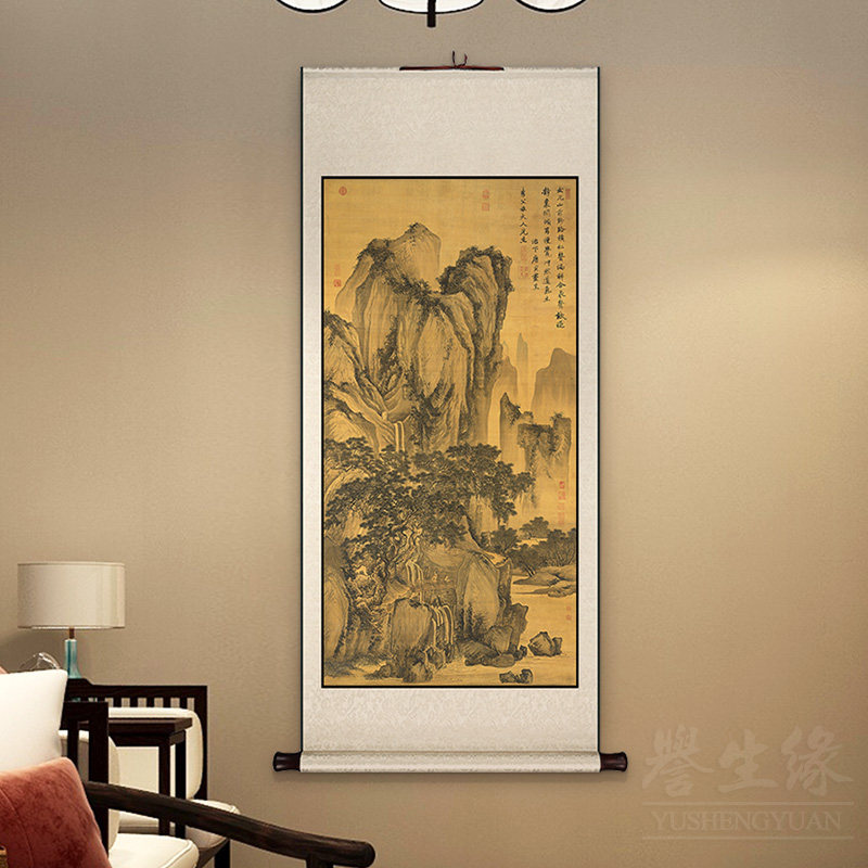 唐寅覆古山水画 画中式卷轴挂画 画竖版玄关过道装饰画 画客厅饭