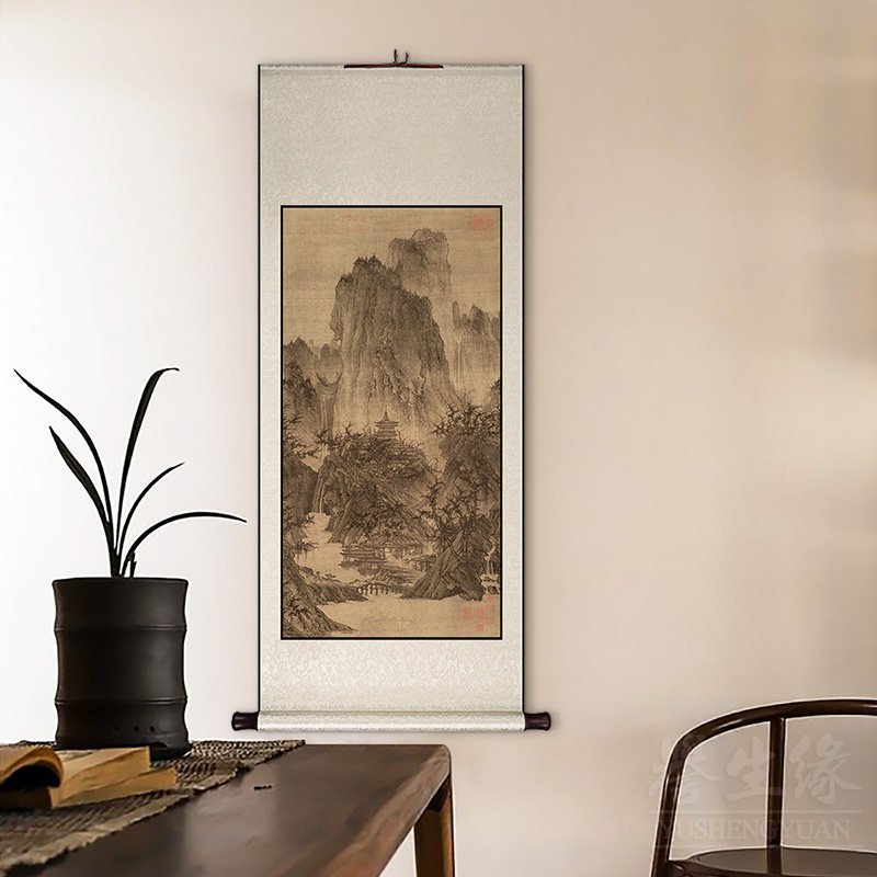 李成晴峦萧寺图中式卷轴挂画玄关过道装饰画餐厅书房复古山水国画