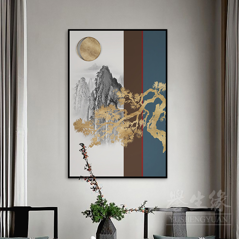 国潮风尚新中式轻奢浮雕客厅装饰画玄关走廊过道金箔建筑书房挂画图片