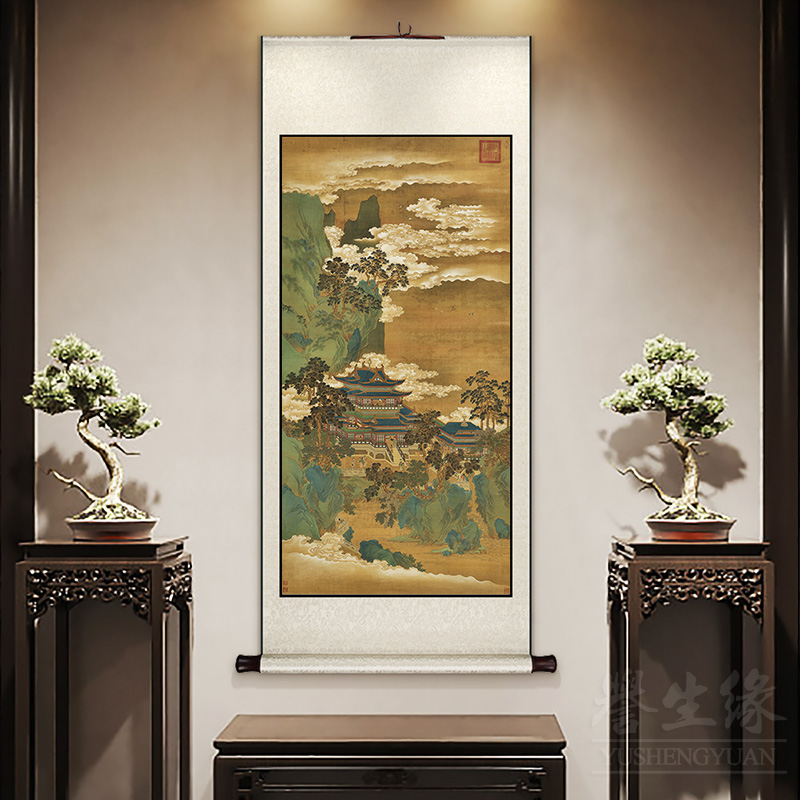 仙山楼阁图复古中式卷轴挂画竖版玄关装饰画客厅餐厅书房过道壁画