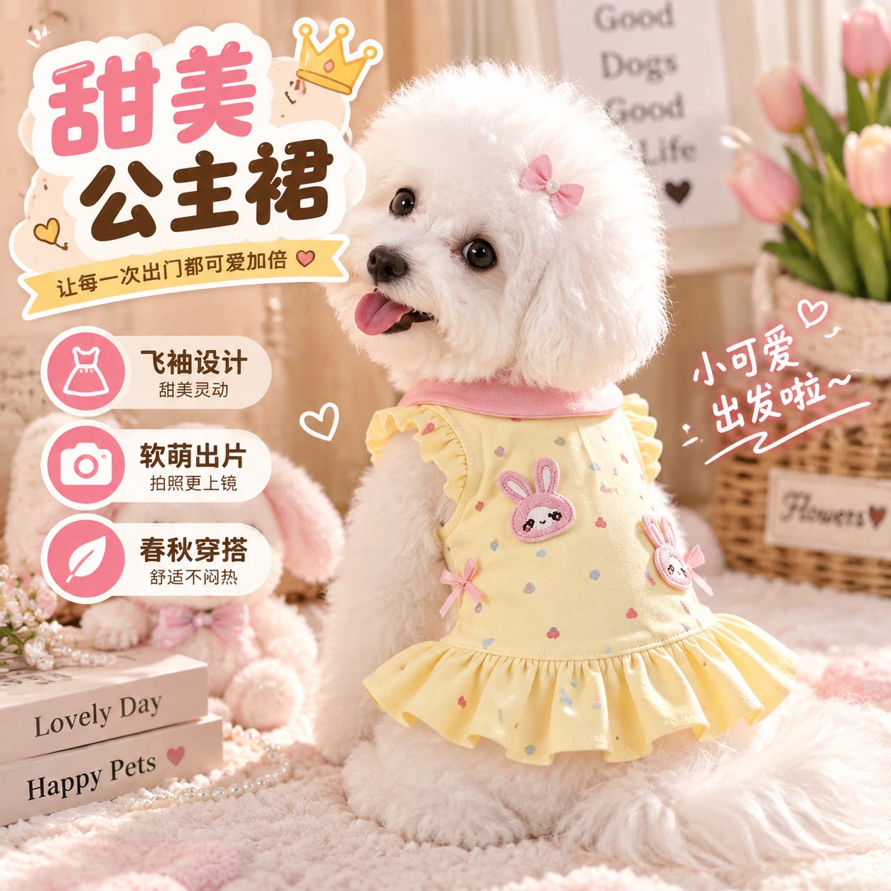 狗狗衣服甜美可爱飞袖公主裙春秋季泰迪比熊中小型犬猫咪连衣裙子