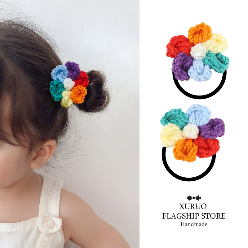 女童彩色糖果针织手工编织发绳可爱女孩七彩小花头绳发圈发饰发夹