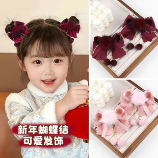 儿童发夹古风复古新年宝宝汉服秋冬毛球过年头饰蝴蝶结发卡发饰品