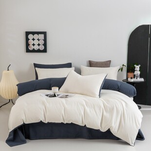 简约纯色水蓝拼黑色水洗棉化纤四件套床单学生被套宿舍三件套双拼