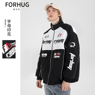 赛车服机车拼接厚棉服FORHUG冬季