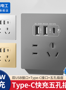 国际电工86型20W快充USB插座开关面板墙壁手机充电Type-c家用五孔