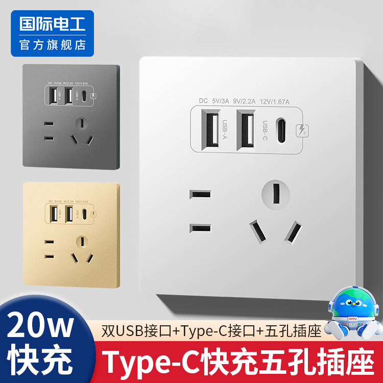国际电工86型暗装五孔USB插座