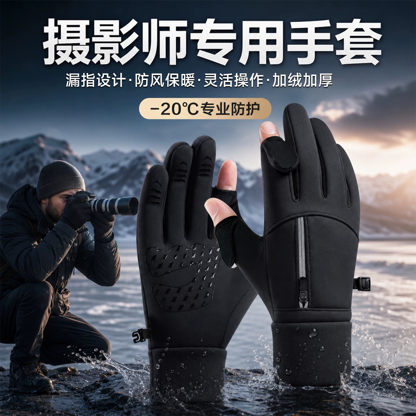摄影师专用手套秋冬防寒保暖露二指户外防滑翻盖单反相机拍照摄像