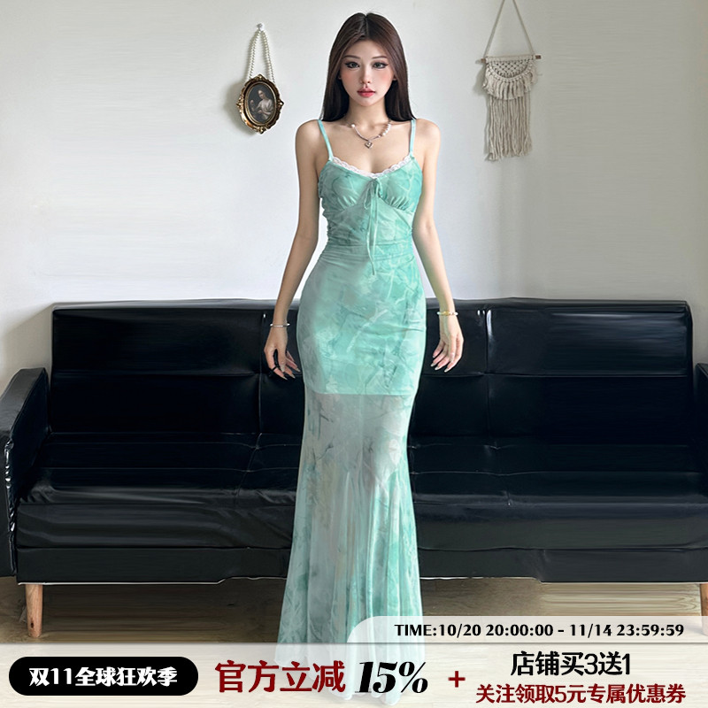 IAEY法式优雅浅绿色复古蝴蝶连衣裙