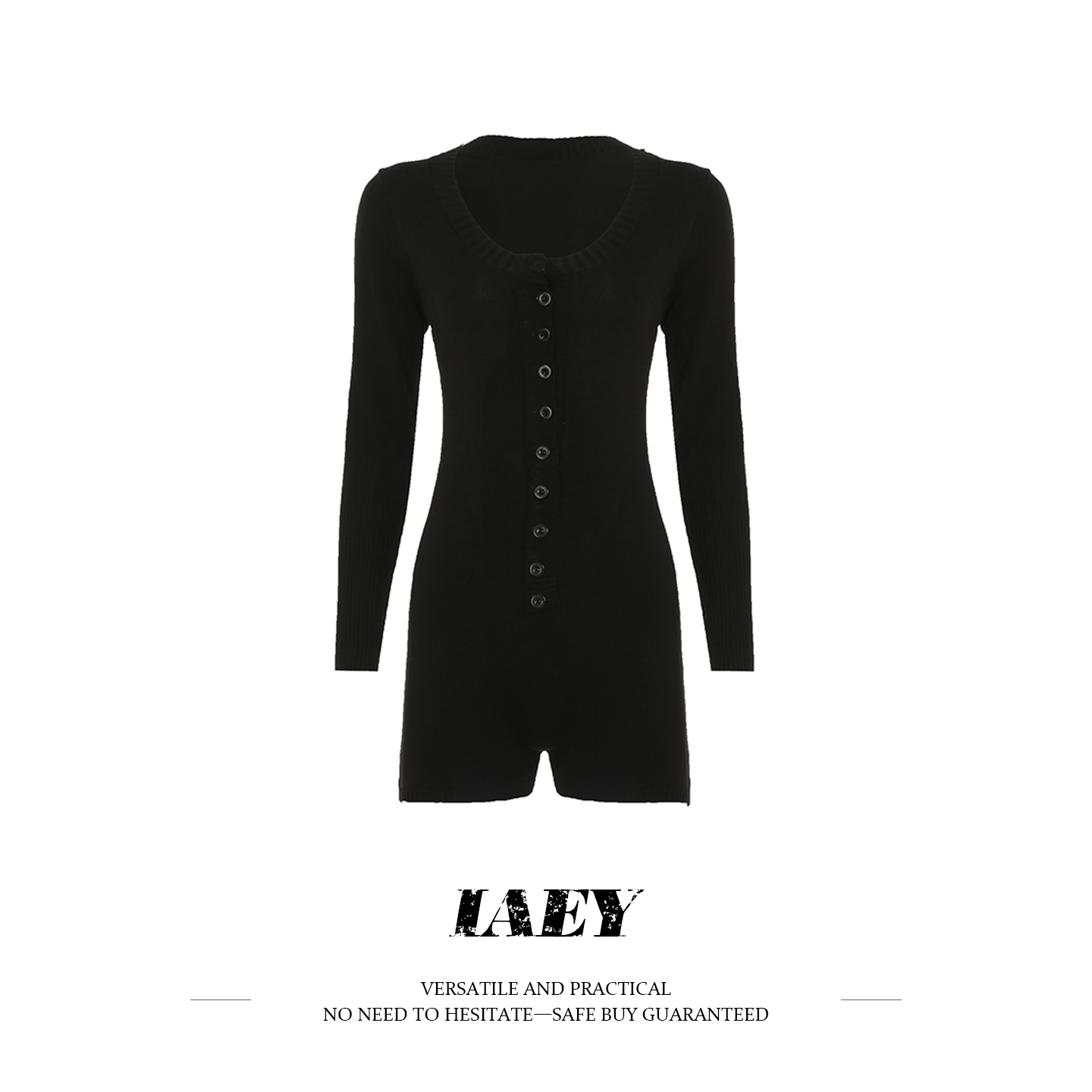 IAEY欧美女人风简约纯色圆领排扣连体短裤百搭修身毛织上衣打底衫
