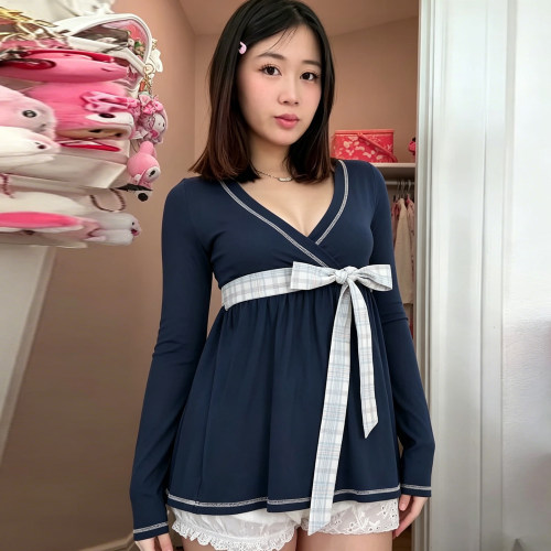IAEY法式复古撞色格纹蝴蝶结V领长袖T恤百搭修身小众INS蓝色上衣