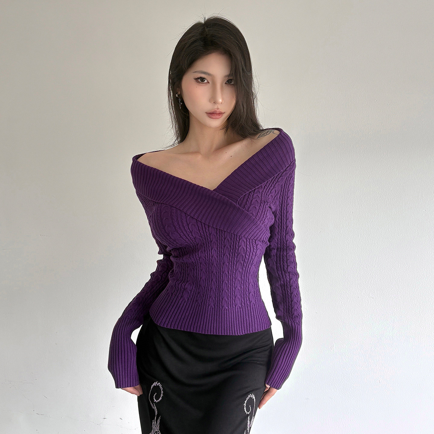 IAEY中古vintage紫色麻花纹V领长袖毛衣秋冬纯欲修身气质针织衫潮