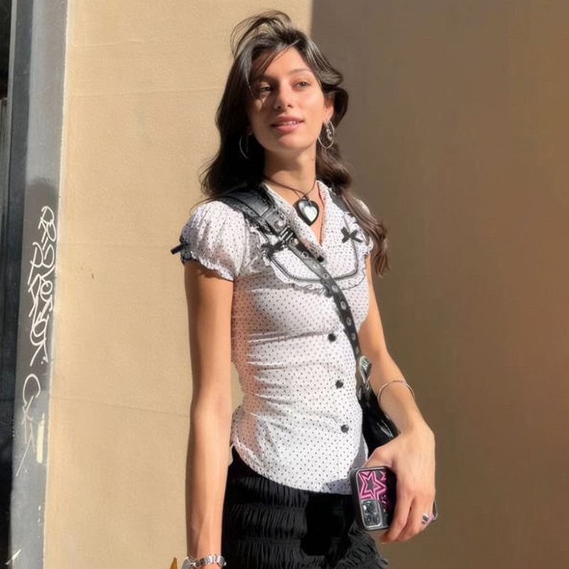 IAEY法式少女波点印花Polo领衬衫百搭修身蝴蝶结显瘦泡泡袖上衣夏