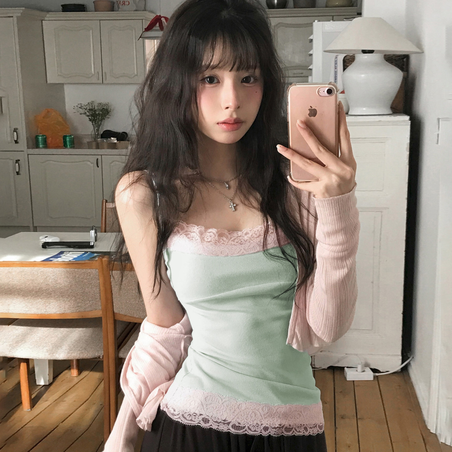 IAEY韩系甜美少女蕾丝拼接浅绿色针织吊带背心纯欲辣妹花边上衣夏