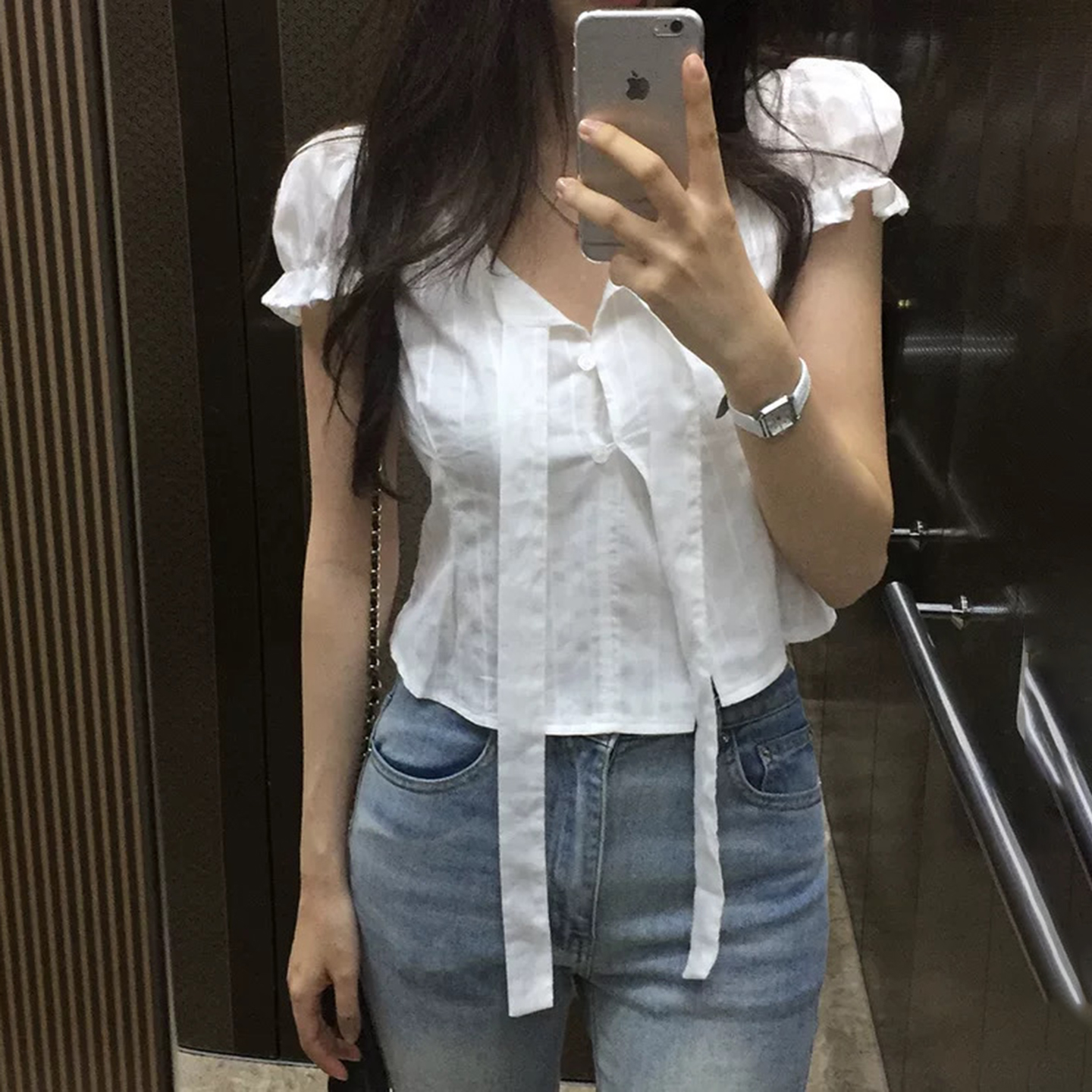 IAEY韩系甜美少女泡泡袖系带风琴褶收腰显瘦衬衫小众气质休闲上衣