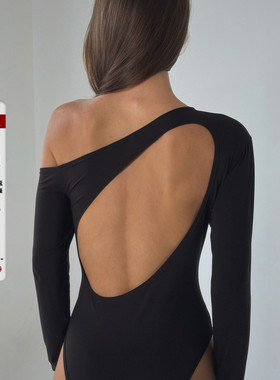 IAEY欧美风性感露肩大露背黑色长袖连体衣百搭修身打底衫bodysuit