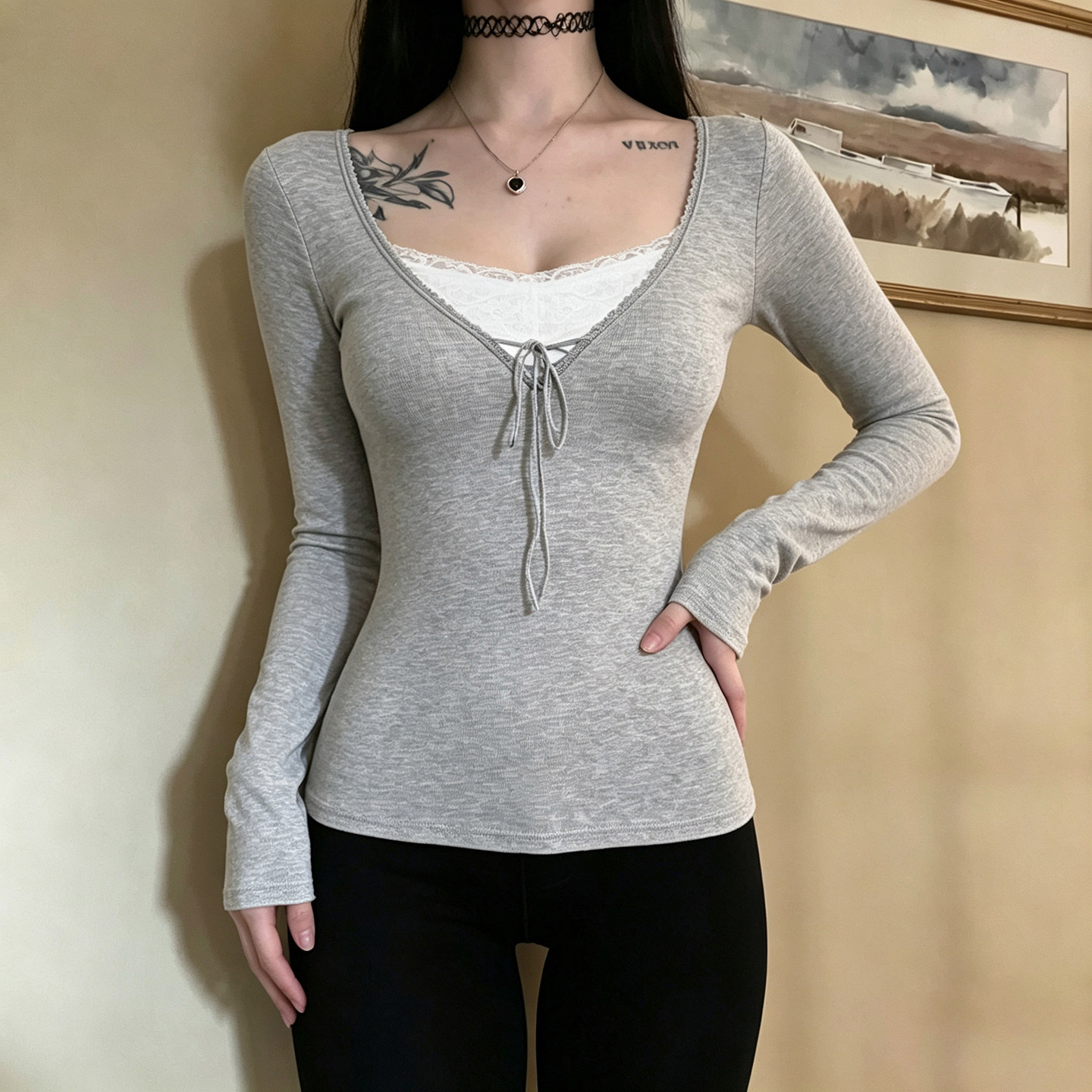 IAEY法式甜美少女蕾丝拼接假二件长袖T恤百搭修身纯欲打底上衣秋