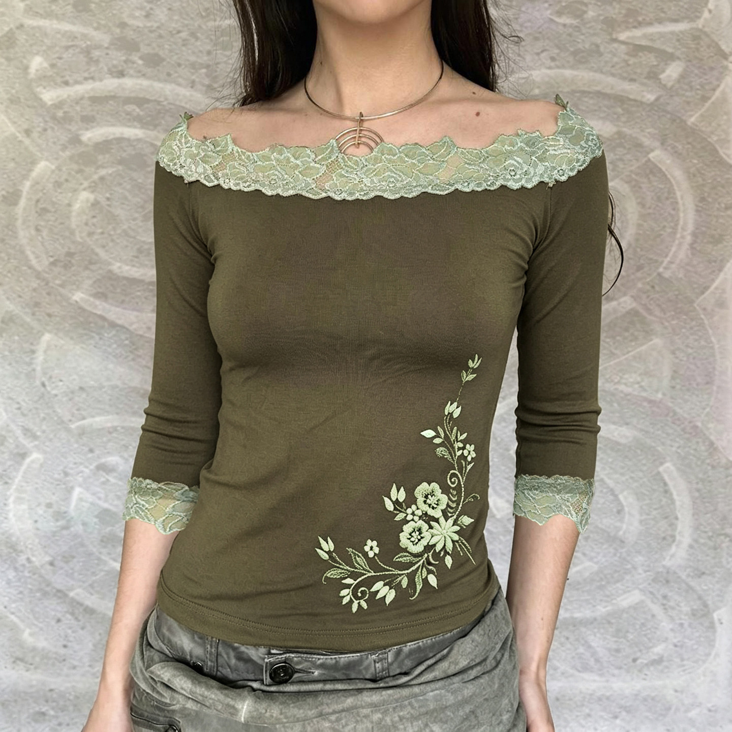 IAEY中古森系绿色花卉蕾丝拼接一字肩中袖T恤女性感露肩纯欲上衣