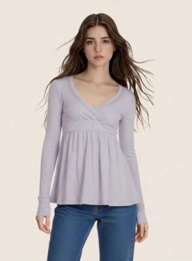 IAEY简约复古紫色条纹交叉V领长袖T恤褶皱收腰显瘦A摆娃娃衫上衣