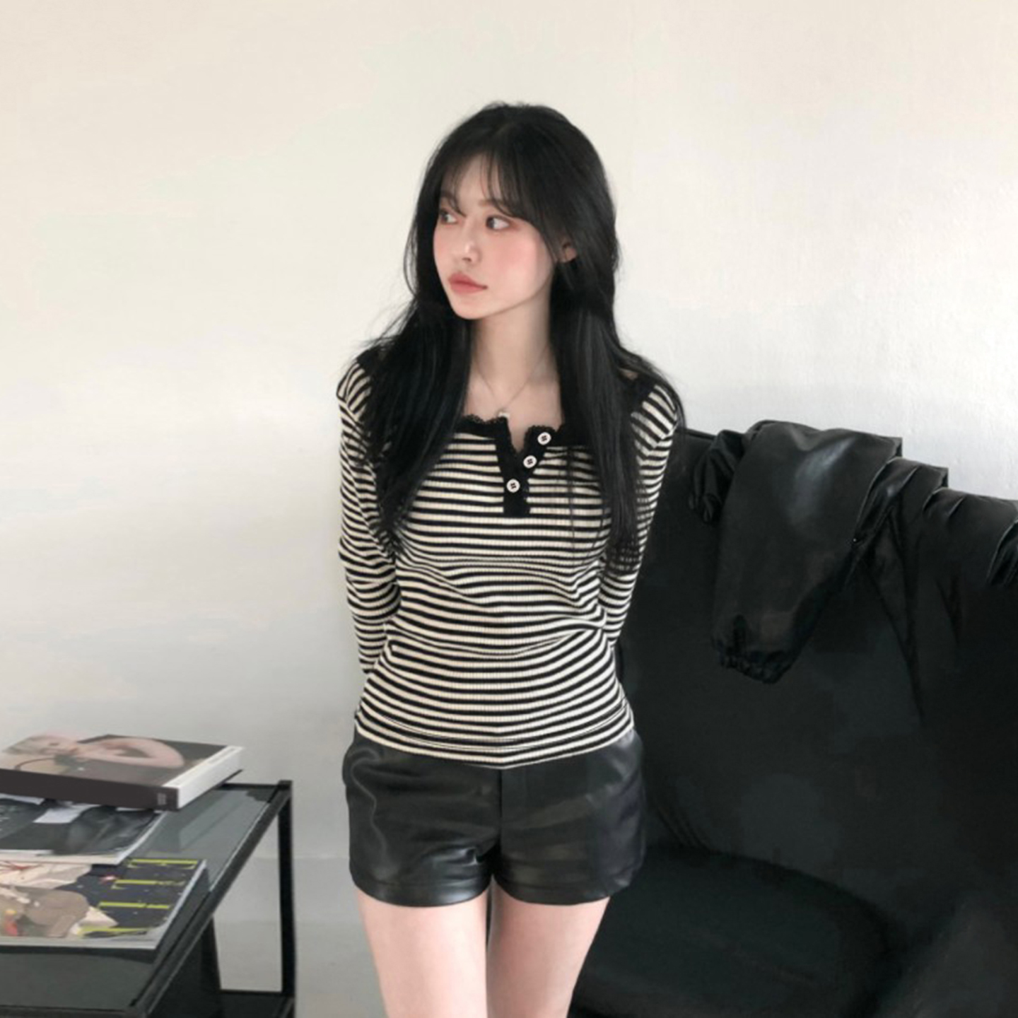 IAEY港风chic拼色条纹蕾丝花边长袖T恤简约休闲气质纽扣打底上衣
