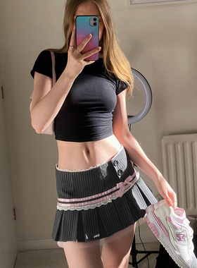 IAEY 法式少女感灰色条纹半身裙女含内衬小众蕾丝拼接蝴蝶结A字裙