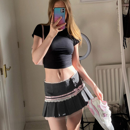 法式少女感灰色条纹半身裙含内衬