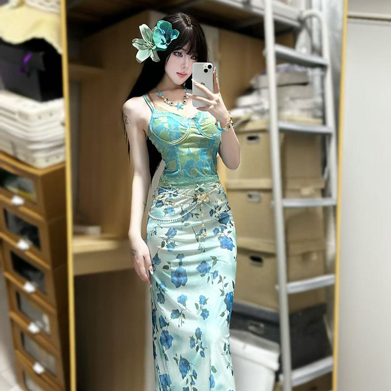 IAEY法式复古~蕾丝拼接花卉印花吊带女性感辣妹纯欲胸型打底背心