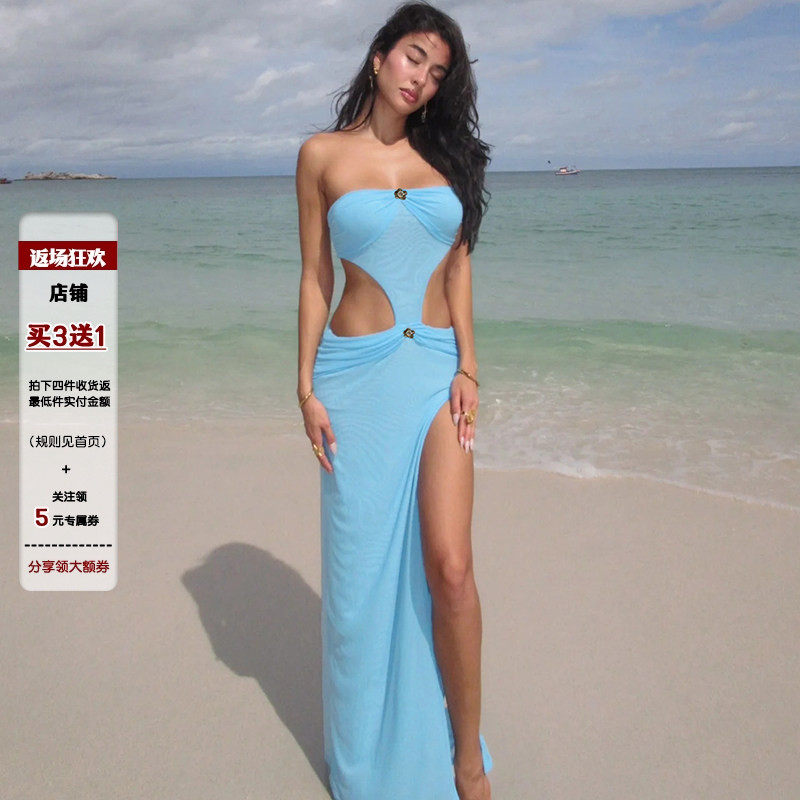 IAEY海岛辣妹风蓝色抹胸背心长裙性感百搭露腰开叉沙滩网纱连衣裙