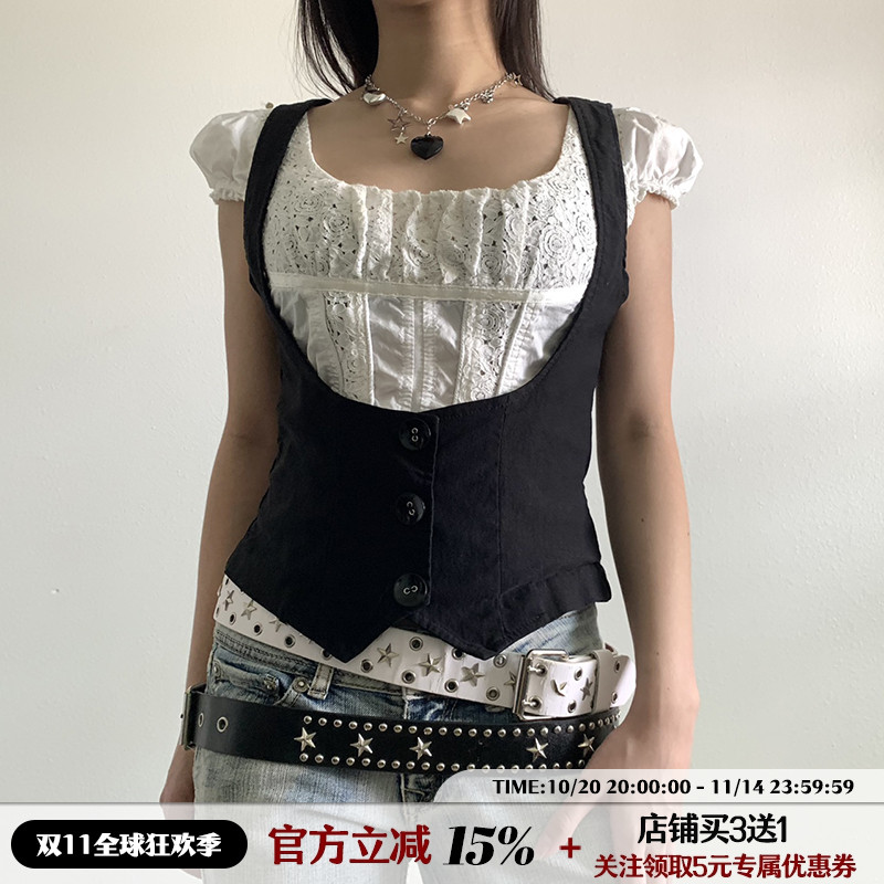 IAEY~ASA同款复古黑色马甲背心排扣收腰显瘦叠穿无袖vintage上衣