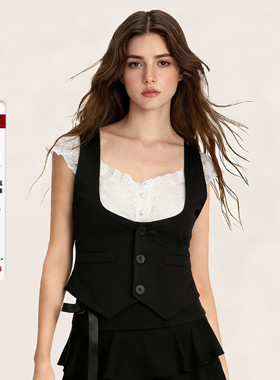 IAEY~asa同款学院风假二件马甲小飞袖T恤收腰开叉燕尾露脐上衣夏