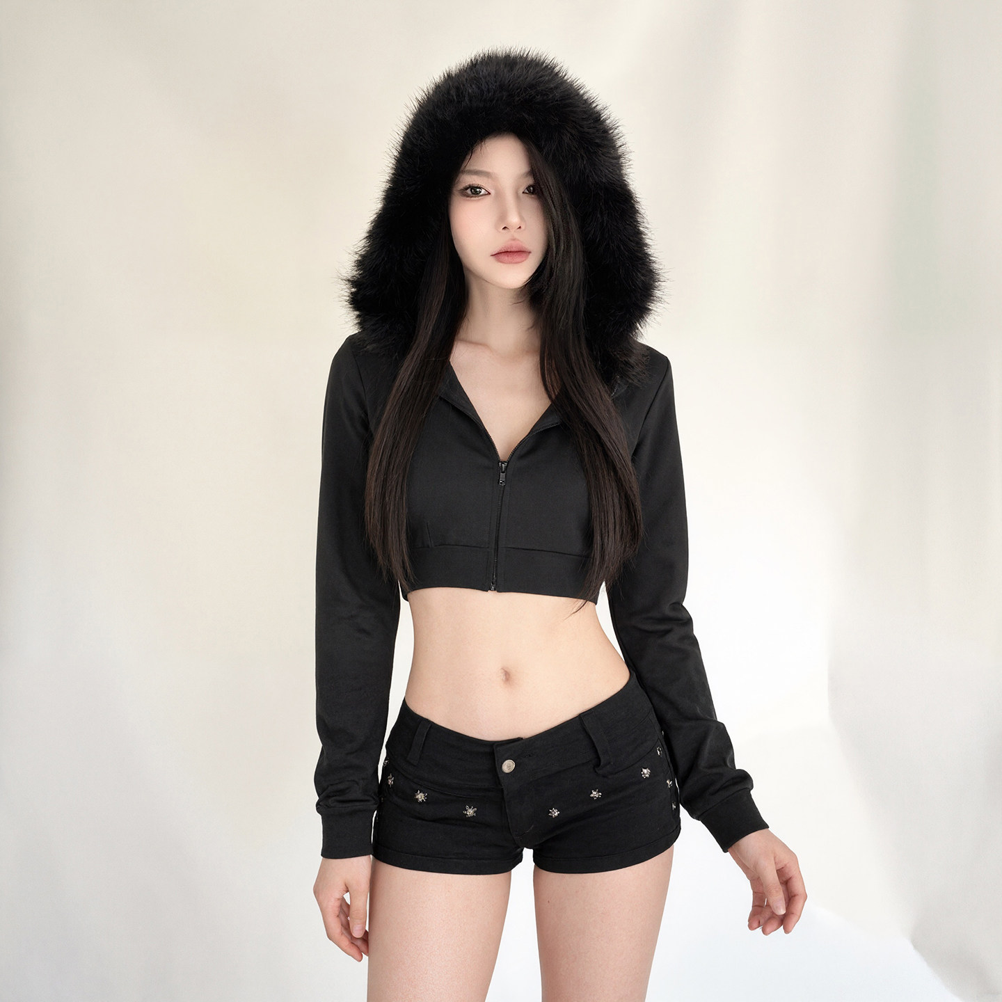 IAEY黑色毛毛拼接连帽长袖短外套秋冬性感辣妹百搭修身露脐卫衣潮