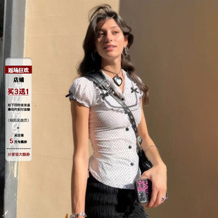 蝴蝶结显瘦泡泡袖 百搭修身 上衣夏 少女波点印花Polo领衬衫 IAEY法式