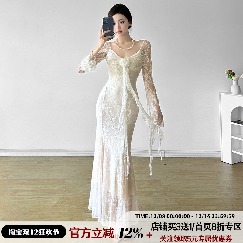 IAEY千金名媛~白色蕾丝钩花方领长袖连衣裙优雅气质晚宴礼服长裙