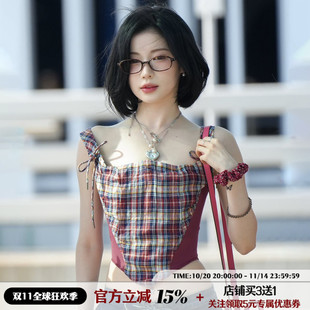 IAEY 复古撞色格纹U领系带背心女小众设计感红色吊带 爱豆Asa同款