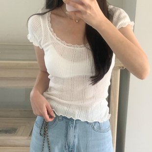 IAEY韩系甜美少女提花镂空方领针织T恤蕾丝花边纯欲辣妹气质上衣